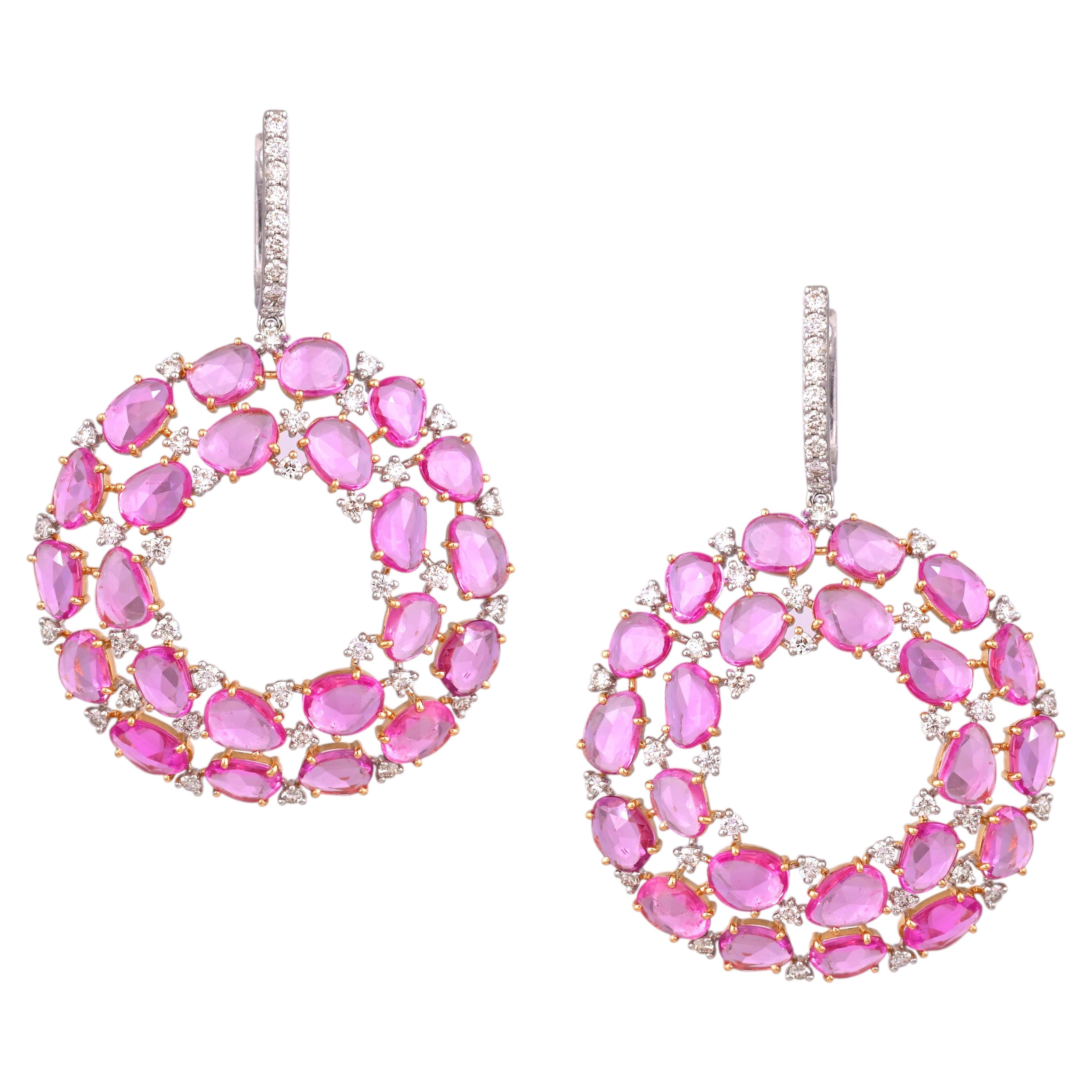 Set in 18K Gold, 19.98 carat Pink Sapphire Rose Cut & Diamond Chandelier Earring
