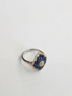 Set in 18K white Gold, Blue Sapphire & Yellow Diamond Engagement Cocktail Ring