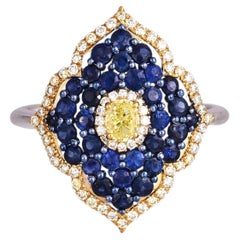Set in 18K white Gold, Blue Sapphire & Yellow Diamond Engagement Cocktail Ring