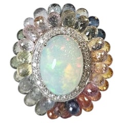 Set in 18K Gold, Ethiopian Opal, Multi Sapphire Briolete & Diamond Cocktail Ring