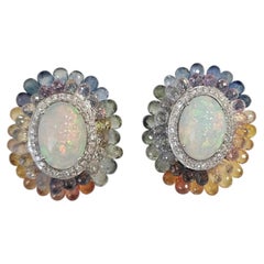 Set in 18K Gold, Ethiopian Opal, Multi Sapphire Briolette & Diamond Stud Earring