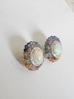 Set in 18K Gold, Ethiopian Opal, Multi Sapphire Briolette & Diamond Stud Earring