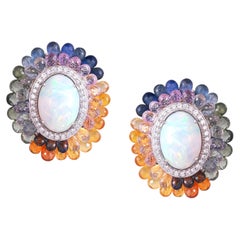 Set in 18K Gold, Ethiopian Opal, Multi Sapphire Briolette & Diamond Stud Earring