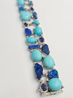 Bracciale in oro 18 carati con opale doppio australiano, turchese, zaffiro blu e diamanti
