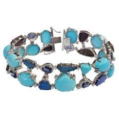 Bracciale in oro 18 carati con opale doppio australiano, turchese, zaffiro blu e diamanti