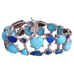 18K Gold, Australian Doublet Opal, Turquoise, Blue Sapphire & Diamond Bracelet