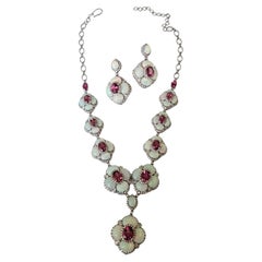 Set in 18K Gold, Ethiopian Opal, Rubellite & Rose Cut Diamond Necklace & Earring