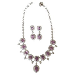 Set in 18K Gold, Kunzite, Chalcedony & Rose Cut Diamond Link Necklace & Earring