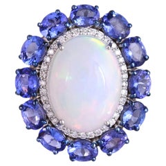 Set in 18K white Gold, Ethiopian Opal, Tanzanite & Diamond Dome Cocktail Ring