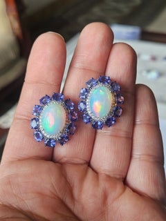 Set in 18K white Gold, Ethiopian Opal, Tanzanite & Diamonds modern Stud Earring