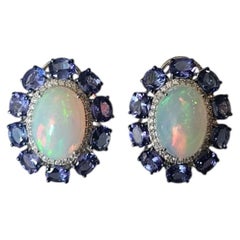 Set in 18K white Gold, Ethiopian Opal, Tanzanite & Diamonds modern Stud Earring