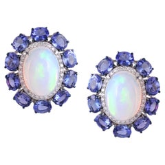 Boucles d'oreilles modernes en or blanc 18 carats, opale d'Éthiopie, tanzanite et diamants