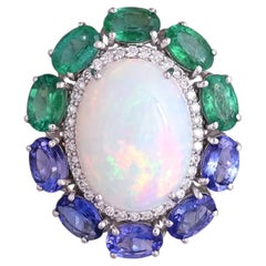 Set in 18K Gold, Ethiopian Opal, Emerald, Tanzanite & Diamond Engagement Ring