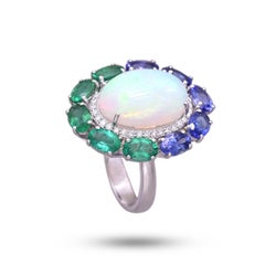 Set in 18K Gold, Ethiopian Opal, Emerald, Tanzanite & Diamond Engagement Ring