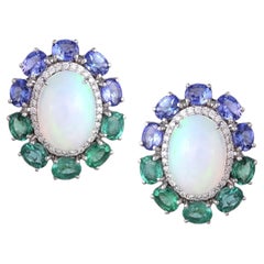 Set in 18K white Gold, Ethiopian Opal, Emerald, Tanzanite & Diamond Stud Earring