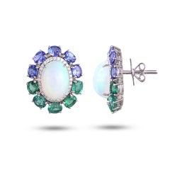 Set in 18K white Gold, Ethiopian Opal, Emerald, Tanzanite & Diamond Stud Earring