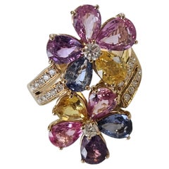 Set in 18K Yellow Gold, Ceylon Multi Sapphires & Diamond modern Cocktail Ring