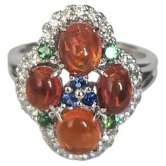 Set in 18K Gold, Mexican Fire Opal, Garnet, Blue Sapphire & Diamond Cluster Ring