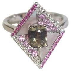 Green Sapphire, Pink Sapphire, Ruby, Mother of Pearl & Diamond Engagement Ring