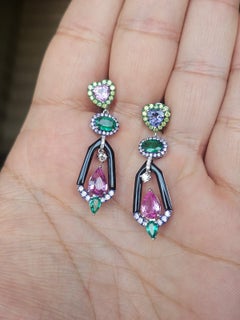 Set in 18K Gold, Emerald, Pink Sapphire, Black Onyx & Diamond Art Deco Earring