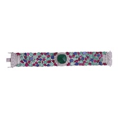 Emerald Sugarloaf, Blue Sapphire, Ruby & Diamond Broad Cuff Bracelet in 18K Gold