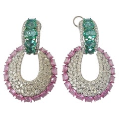 Set in 18K Gold, Zambian Emerald, Pink Sapphire & Diamond Chandelier Earring