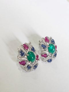 Set in 18K Gold, Emerald Cabochon, Blue Sapphire, Ruby & Diamond Stud Earrings