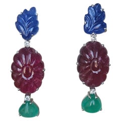 Set in 18K white Gold, Blue Sapphire, Ruby, Emerald & Diamond Dangle Earring