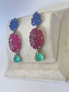 Set in 18K white Gold, Blue Sapphire, Ruby, Emerald & Diamond Dangle Earring