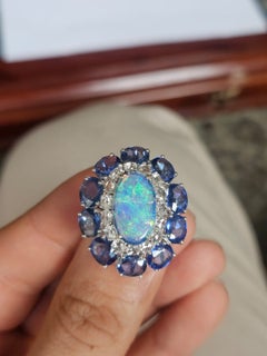 Set in 18K Gold, Ethiopian Opal, Blue Sapphire & Rose Cut Diamond Cocktail Ring