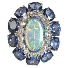 Set in 18K Gold, Ethiopian Opal, Blue Sapphire & Rose Cut Diamond Cocktail Ring