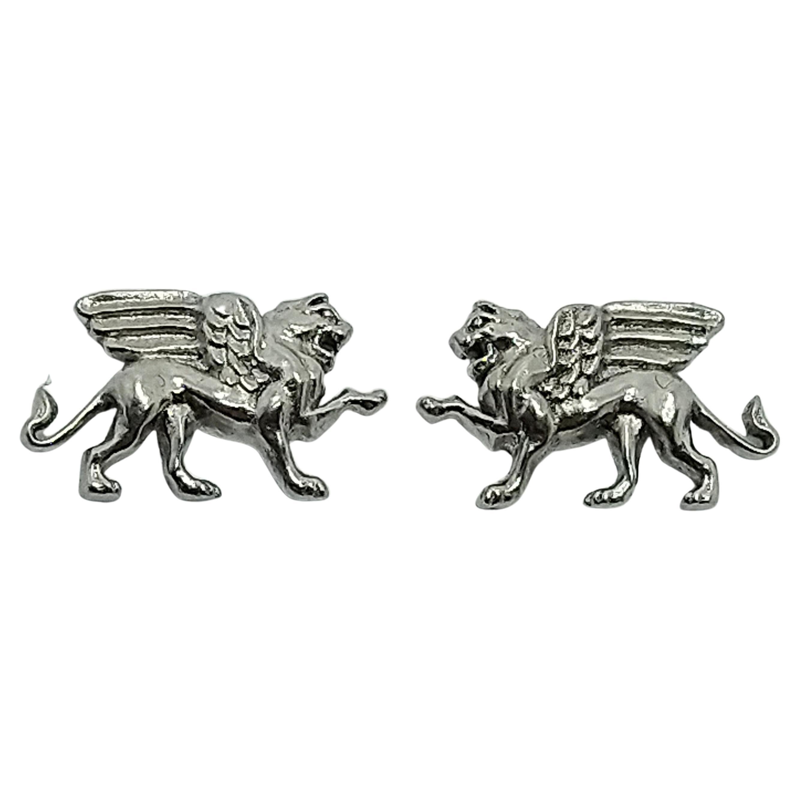 Platinum Winged Lion Griffin Stud Earrings For Sale