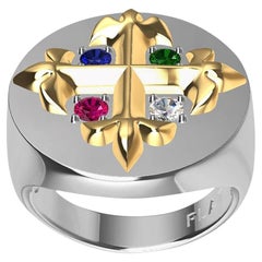 Signature Fleur de Lis en platine, or 18 carats, diamants, saphirs et émeraudes