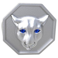 Sterling Silver Colorado Cougar Signet Ring with Blue Sapphire Eyes