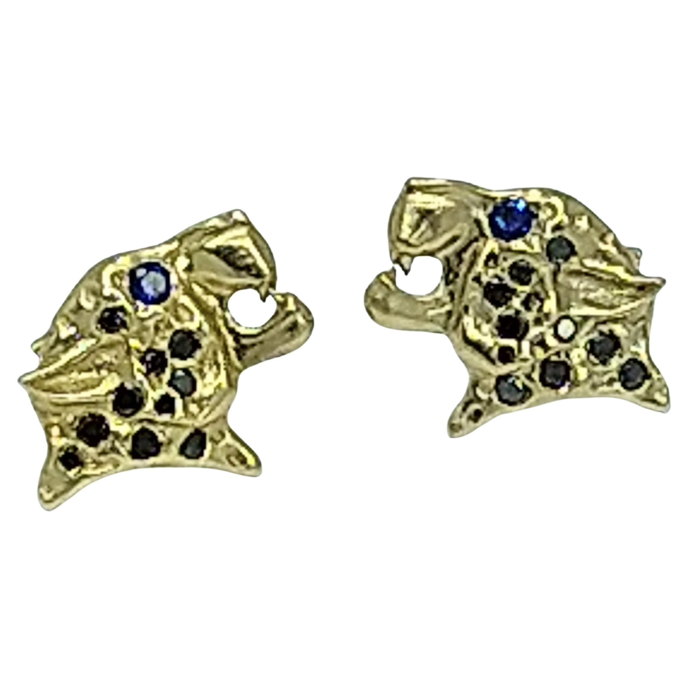 Round Cut 18 Karat Yellow Gold and Black Diamonds Leopard Stud Earrings For Sale