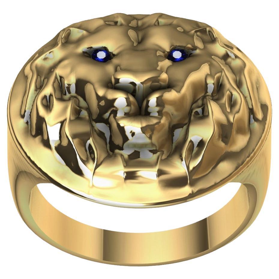 For Sale:  18 Karat Yellow Gold Womens Leo Lion with Sapphire Eyes Signet Ring 7
