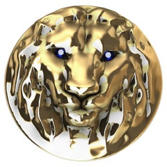Bague de Signet en or jaune 18 carats pour femme Lion avec yeux en saphir