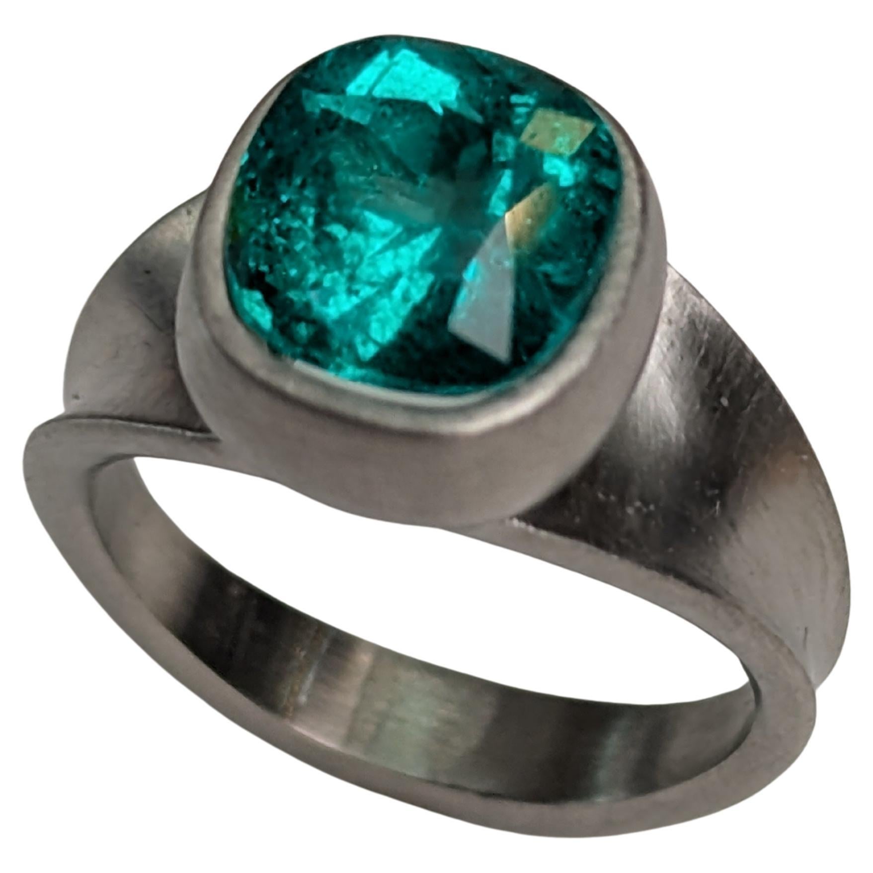 Platinum 2.87 Carat  Cushion Cut Emerald  Sculpture Ring