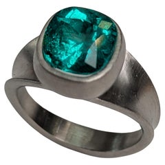 Platinum 2.87 Carat  Cushion Cut Emerald  Sculpture Ring