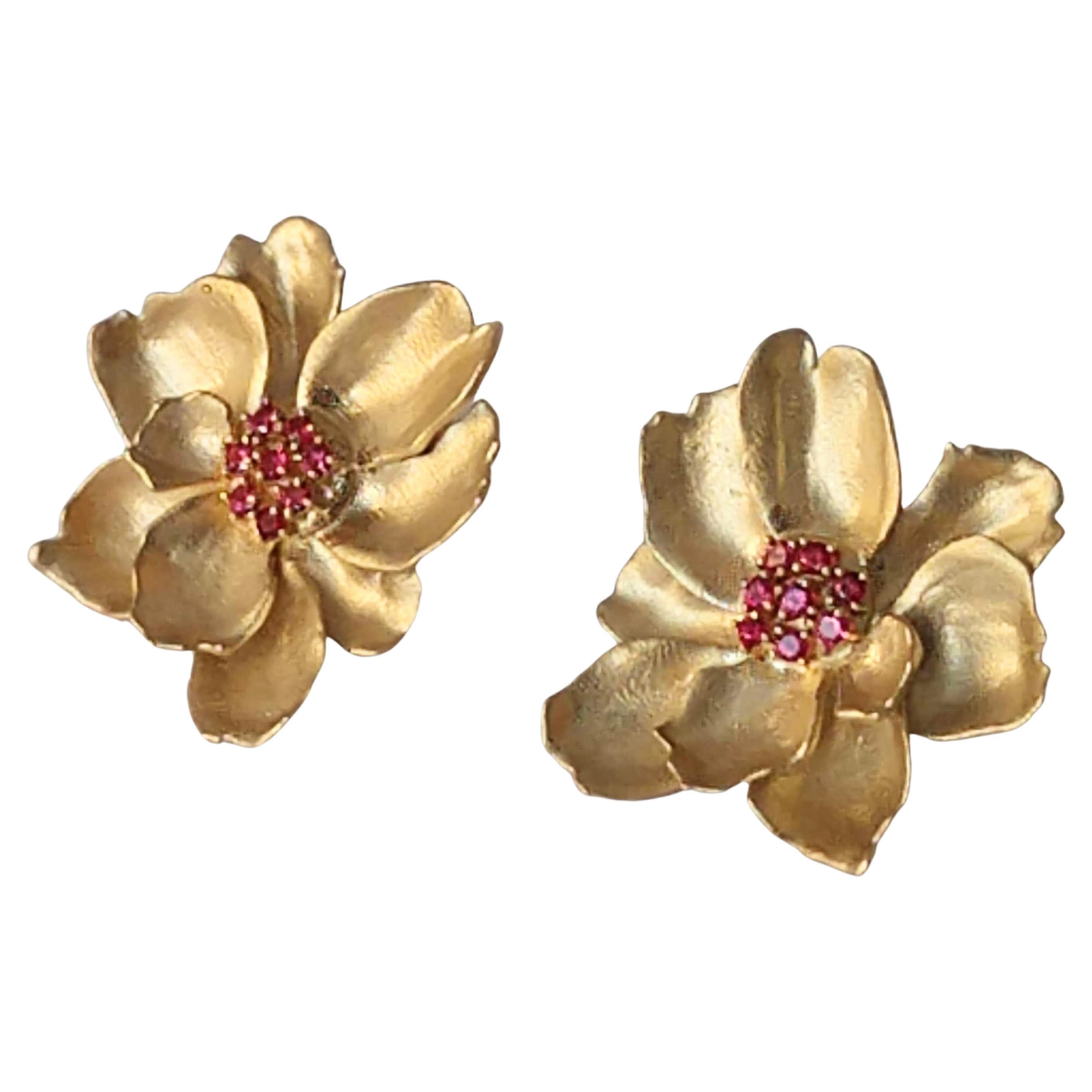 14 Karat Yellow Gold Wild Flower Earrings with Rubies For Sale