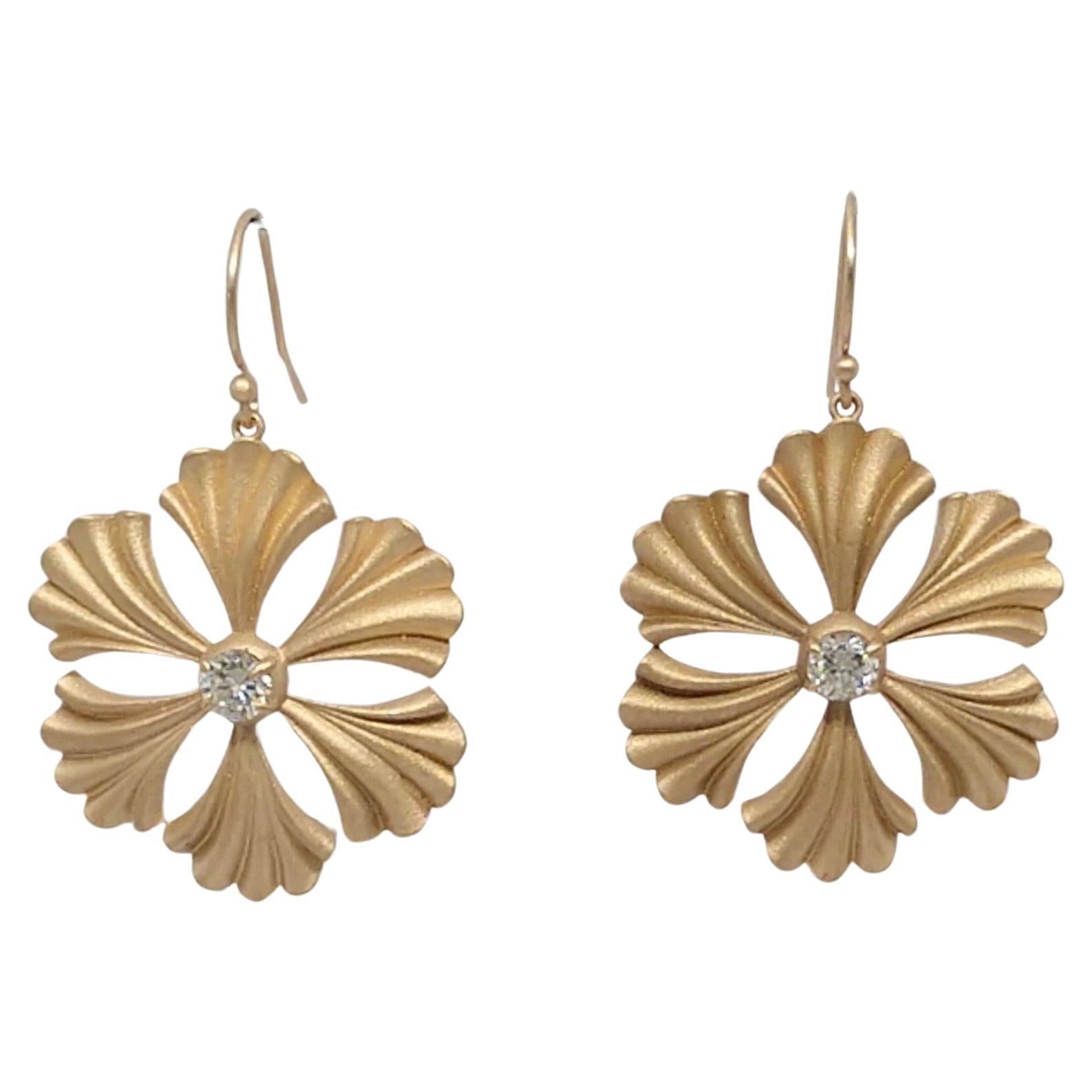 14 Karat Yellow Gold Diamond Fan Flower Earrings For Sale