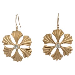 14 Karat Yellow Gold Diamond Fan Flower Earrings