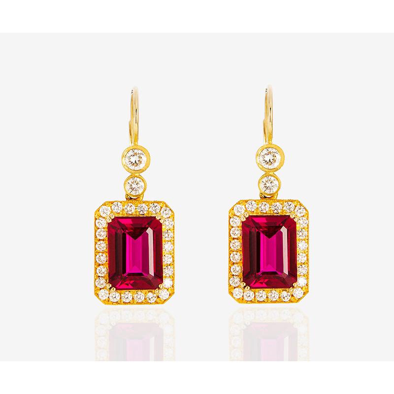 Modern 24 Karat Handcrafted Octagon Rubellite and Diamond Earrings For Sale