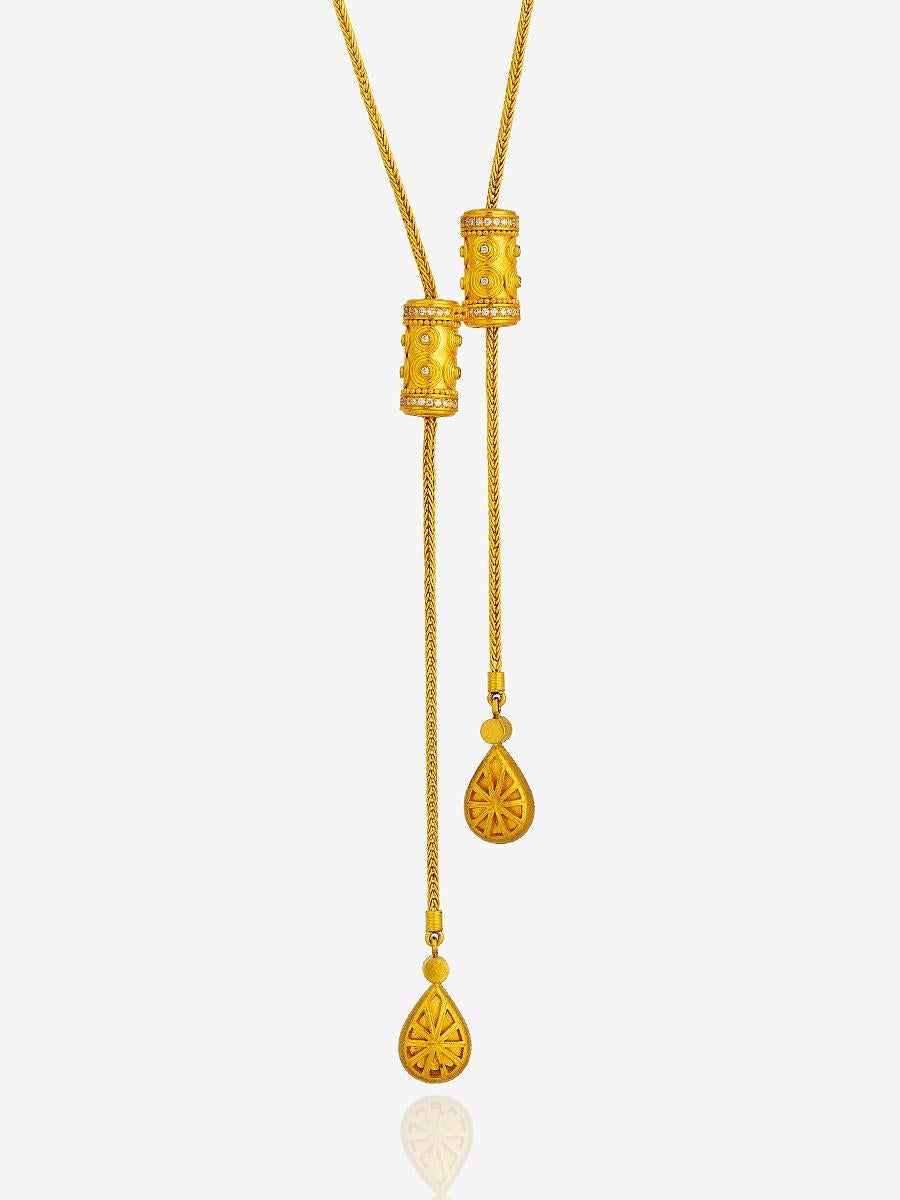 Hellenistic 24 Karat Pure Gold Tear Drop Diamond Oring Necklace For Sale