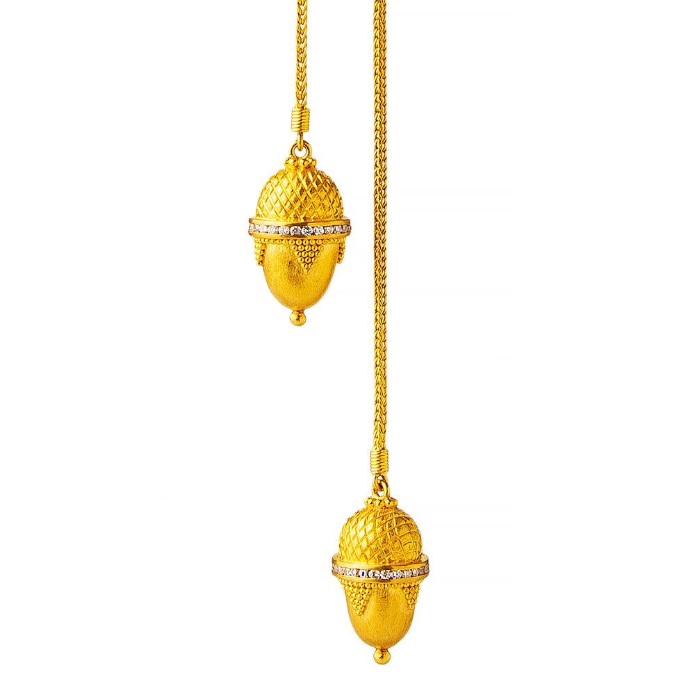 24K Pure Gold Handcrafted Double Acorn Pendant Oring Necklace
Gold Weight : 49.34 g
Diamond : 1.56 ct