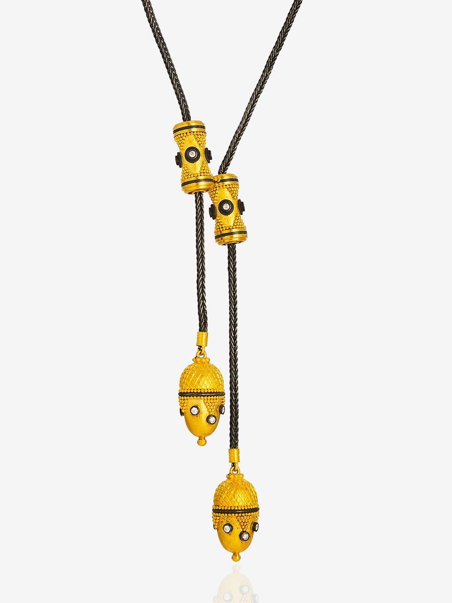 Hellenistic 24K Gold and Silver Combination Handcrafted Double Acorn Pendant Oring Necklace For Sale