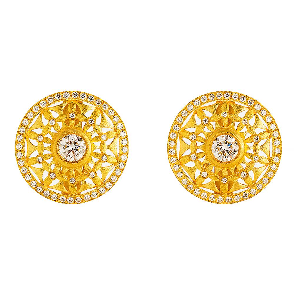 24K Gold Handcrafted Sun Burst Open Work Solitaire Button Earrings with Diamonds For Sale