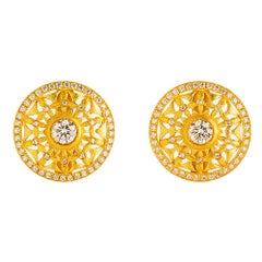 Antique 24K Gold Handcrafted Sun Burst Open Work Solitaire Button Earrings with Diamonds