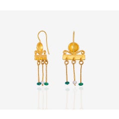 24 Karat Gold Handcrafted Roman Style Pearl and Emerald Earrings