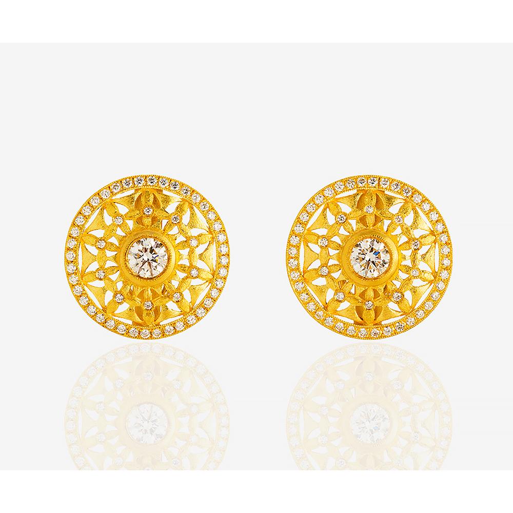 Byzantine 24K Gold Handcrafted Sun Burst Open Work Solitaire Button Earrings with Diamonds For Sale